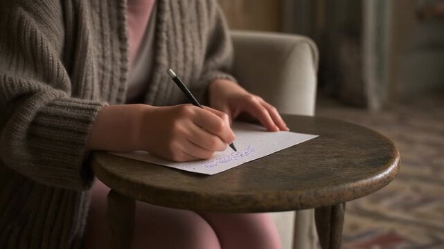 Hands Writing a Postcard in a Quiet Inn Lobby. Slow Travel & Local Tourism. Candid close-up of hands writing a postcard at a small rustic table in the quiet lobby of an old inn or guesthouse.
