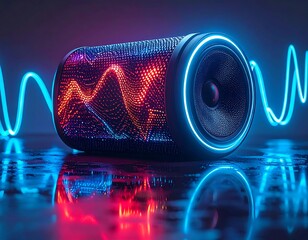 Futuristic audio device with pulsing light. Neon waves surround the speaker