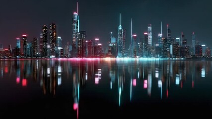 Glowing Metropolis: An inspiring panorama of a futuristic cityscape reflecting its colorful neon lights across a still expanse of water, offering a glimpse into a world of innovation and possibility. - Powered by Adobe