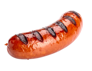 A single grilled sausage with char marks on a white background.