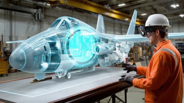 Aerospace Engineer and Augmented Reality: A skilled aerospace engineer utilizes augmented reality technology to inspect a sophisticated aircraft.