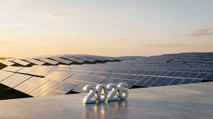 A large solar panel array with 2023 metallic letters at sunset