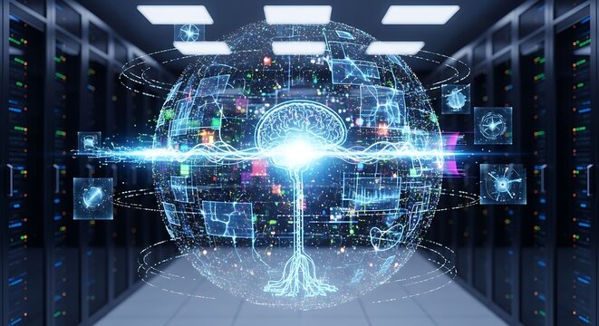Futuristic digital brain with glowing neural network inside server room - Powered by Adobe