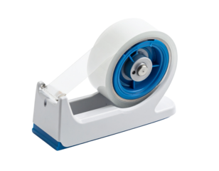 White and blue tape dispenser with clear tape.