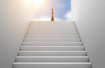 Golden king chess piece standing at the peak of success with sunlight 3D render