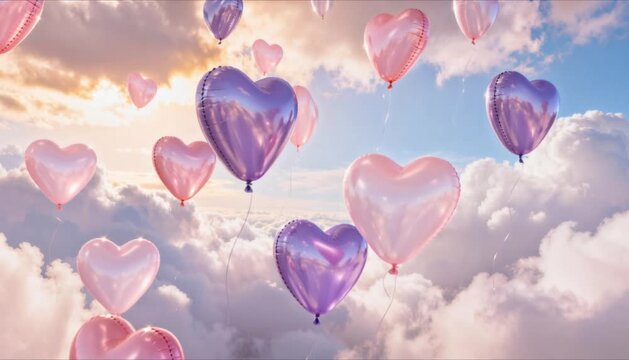 romantic 4k video of heart shaped balloons drifting through soft clouds on a pastel backdrop perfect for valentine's day