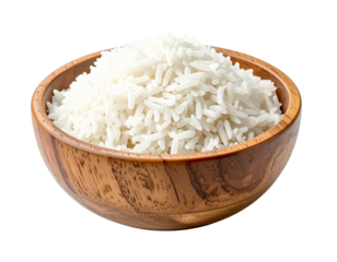 A wooden bowl filled with fluffy white rice isolated on a white background.