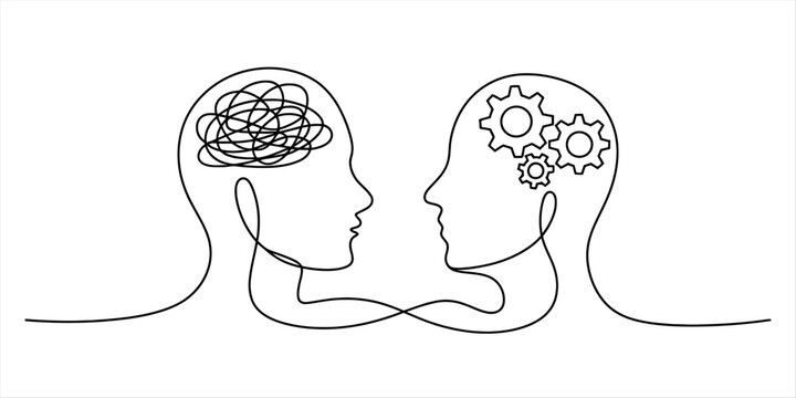 Continuous line drawing of two contrasting minds: confusion versus logical thinking Vector, illustration