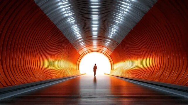 Illuminating Passage: A silhouette of a solitary figure stands at the threshold of a vibrant, orange-hued tunnel, the end aglow with brilliant light, representing hope and a journey into the unknown.