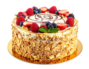Delicious Berry Cake Decorated with Fresh Fruits and Nuts.