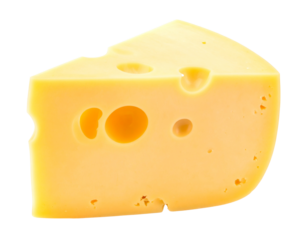 A wedge of Swiss cheese with characteristic holes isolated on a white background.