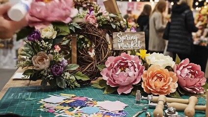 Craft Fair Booth with Handmade Decorations and Yarn.