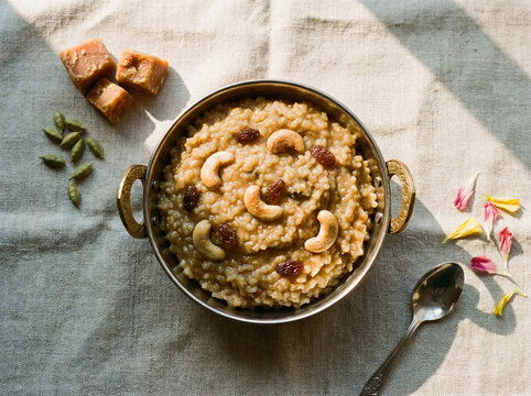 Bowl of sweet Sakkarai Pongal with jaggery and cardamom illuminated by warm sunlight
