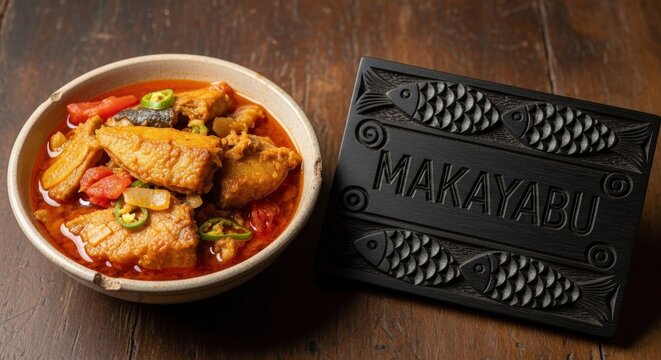 Traditional Makayabu Salt Fish Stew Bowl with Carved Ebony Wood Sign