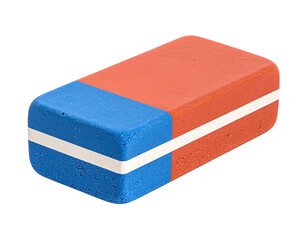 A classic dual-color eraser with a blue and red side isolated on a white background.
