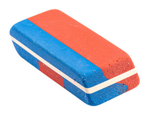 A Two-Tone Rectangular Eraser with Red and Blue Sections.