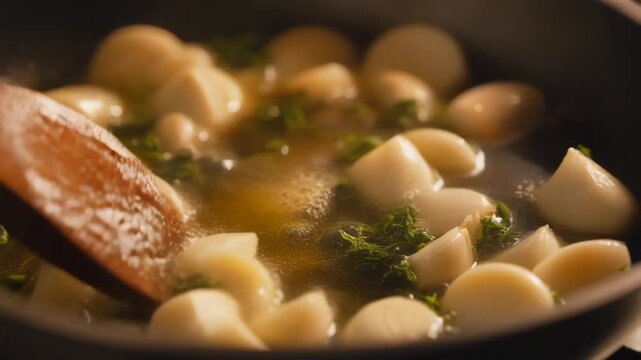 Close Up of Garlic Cloves Saut?ing with Herbs in a Gray Pan