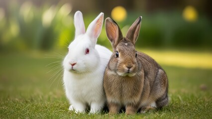 Adorable white and brown rabbits relaxing on lush green grass in sunlit garden