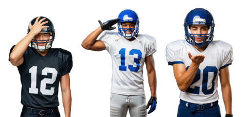 Three Male Football Players in Action Poses Expressing Emotions and Team Spirit