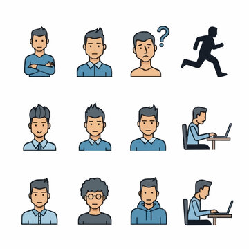 A collection of diverse male cartoon avatars depicting different expressions, actions, and character types in a clear grid format.