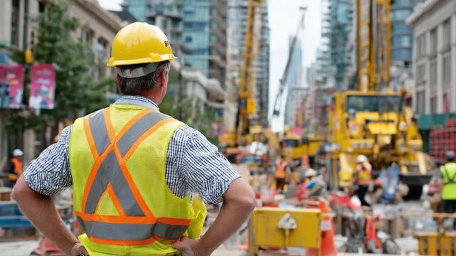 Urban Construction Supervision: A construction worker stands proudly at a construction site, gazing out at the ongoing urban transformation, surrounded by towering cranes.