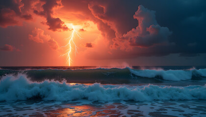 Intense Ocean Storm with Lightning and Red Clouds graphic