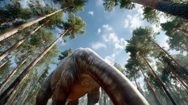 Giant Silhouette Beneath Canopy: A perspective view of a towering dinosaur stands amidst the lush canopy of tall trees, creating a compelling composition of prehistoric grandeur.