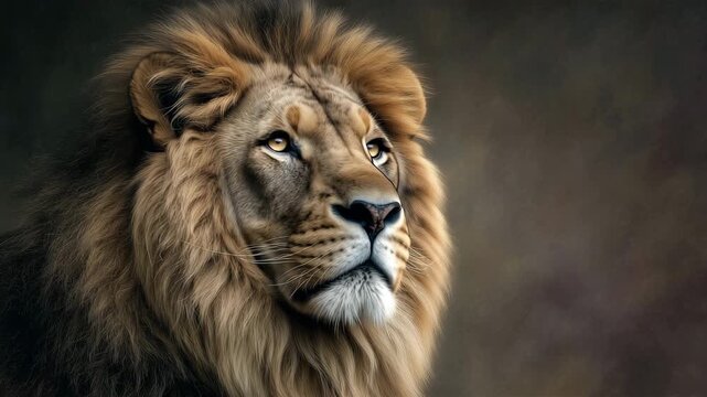 深紅背景でライオンのたてがみを強調した穏やかな横顔の近接撮影