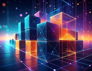 Geometric composition of vibrant, glowing cubes with digital lines