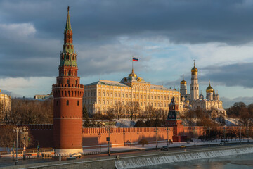 Vodovzvodnaya and Annunciation Towers of the Kremlin Wall, the Grand Kremlin Palace and the Kremlin Embankment of the Moskva River, Moscow, Russia