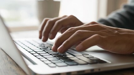 Hands typing on laptop keyboard close up in soft natural light for focused work technology home office productivity typing - Powered by Adobe