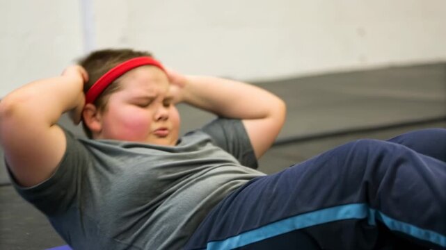 Boy exercising with red headband doing sit up mat determined expression flushed face gym young boy wearing headband sit up focused flushed cheeks