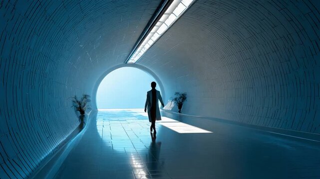 Tunnel to Discovery: A solitary figure, illuminated by a sliver of light, walks through a tunnel, journeying toward an unknown horizon, symbolizing hope and exploration.