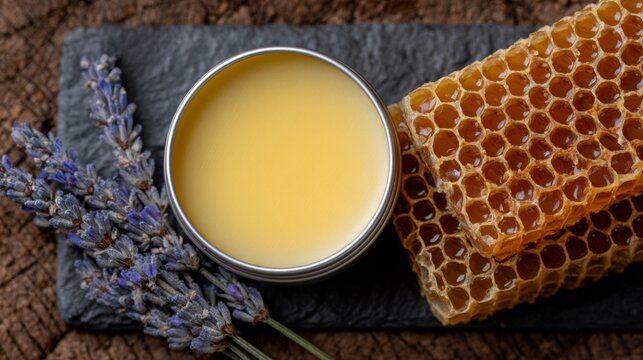 Close-up of smooth beeswax balm tin beside golden honeycomb and fragrant lavender on rustic slate, perfect for skincare, aromatherapy, and organic beauty product branding visuals.