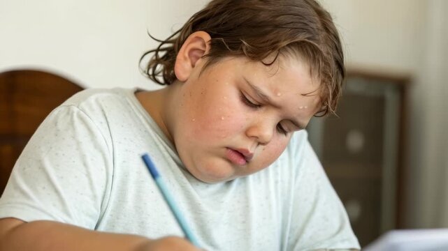 Sweaty child studying at table. boy concentrating on homework with sweat on forehead. student homework indoor studying concentration sweat