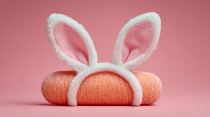 Playful fluffy bunny ears perched on a textured orange cylinder over a pastel pink backdrop, creating a whimsical Easter or children?s party themed composition.