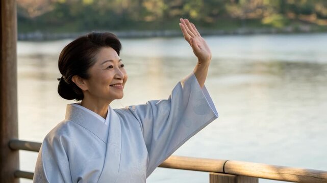 Smiling elderly woman in traditional kimono waving lakeside at sunset, elegant graceful posture and serene smile by peaceful evening water