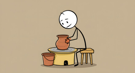 Stick Figure Potter Creating Clay Pot on Wheel - Artistic Craft Hobby Illustration