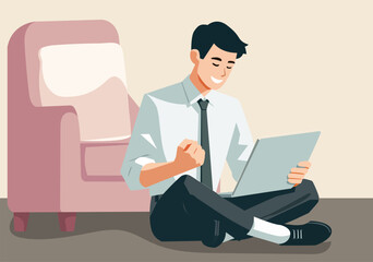 Illustration University Student Celebrating Academic Success with Laptop