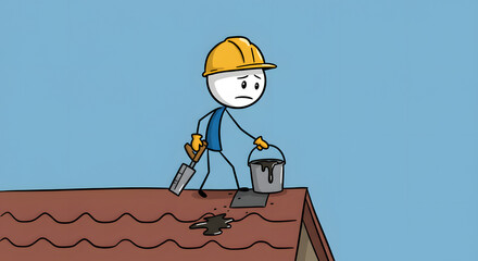 Concerned stick figure roofer repairing a damaged roof. Cartoon worker with hard hat, trowel, and tar bucket fixing a leak.