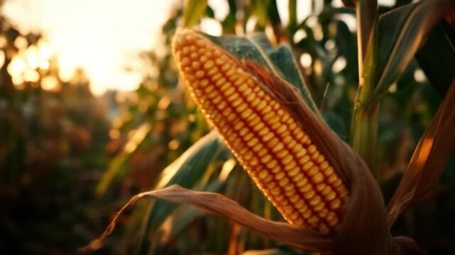 Golden sunset bathes a maize ear in a sunlit field; kernels shine amid green leaves. in golden light