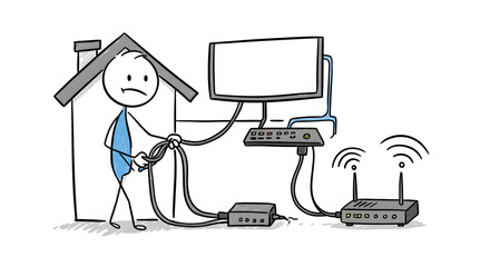 Stick figure frustrated by tangled internet cables and home network setup, dealing with connectivity and technical issues.