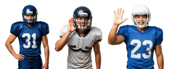 Three Male Football Players in Uniforms Displaying Different Poses and Expressions
