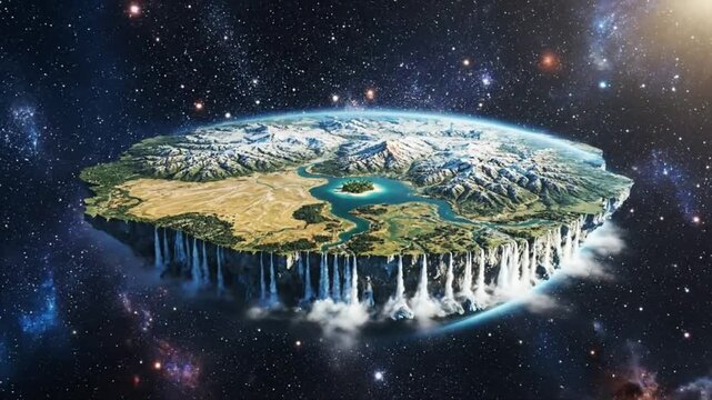 Detailed CG Visualization of a Flat Earth Disc World Floating in Deep Space with Waterfalls - Theoretical Geography Map