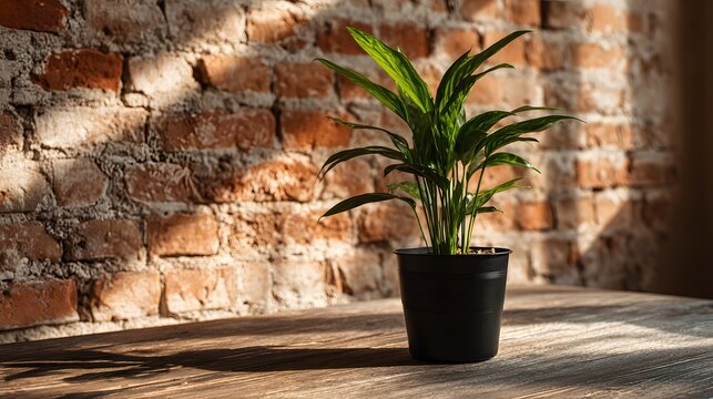Potted Green Plant Bathed in Warm Sunlight Against a Brick Wall. - Powered by Adobe