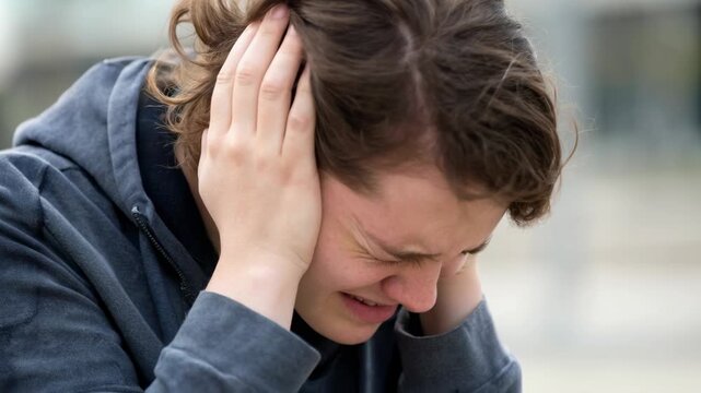 Boy teenage male adolescent covering ear pain distress discomfort teen boy covering ears pain outdoors expressing distress and discomfort young