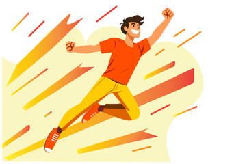 Illustration Energetic Young Man Jumping with Joy and Victory