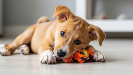 Adorable tan puppy chewing colorful rope toy on light floor in bright room