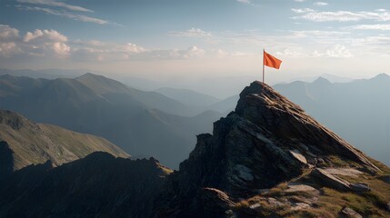 Red Flag Planted on Rocky Mountain Summit Under a Dramatic Sky.