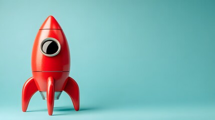 Red Rocket Ship Toy Ready for Launch on Teal Background.